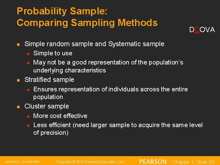 Probability Sample: Comparing Sampling Methods n n n DCOVA Simple random sample and Systematic