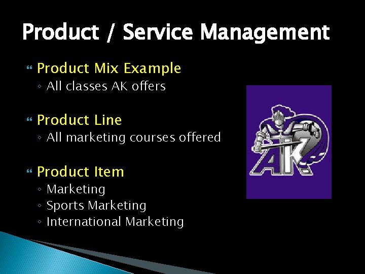 Product / Service Management Product Mix Example ◦ All classes AK offers Product Line