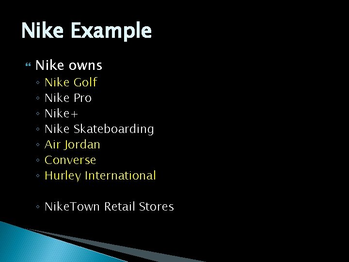 Nike Example Nike owns ◦ ◦ ◦ ◦ Nike Golf Nike Pro Nike+ Nike