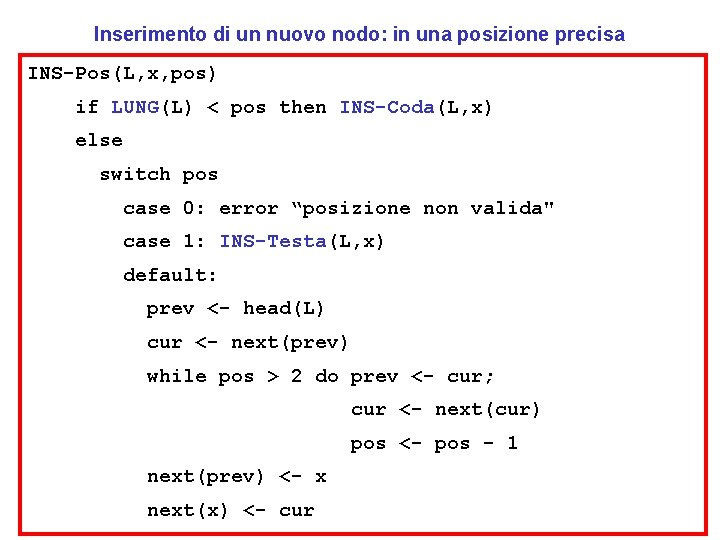 Inserimento di un nuovo nodo: in una posizione precisa INS-Pos(L, x, pos) if LUNG(L)