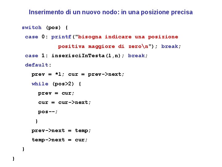 Inserimento di un nuovo nodo: in una posizione precisa switch (pos) { case 0: