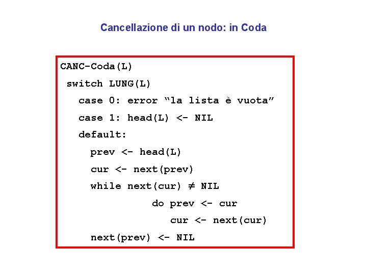 Cancellazione di un nodo: in Coda CANC-Coda(L) switch LUNG(L) case 0: error “la lista