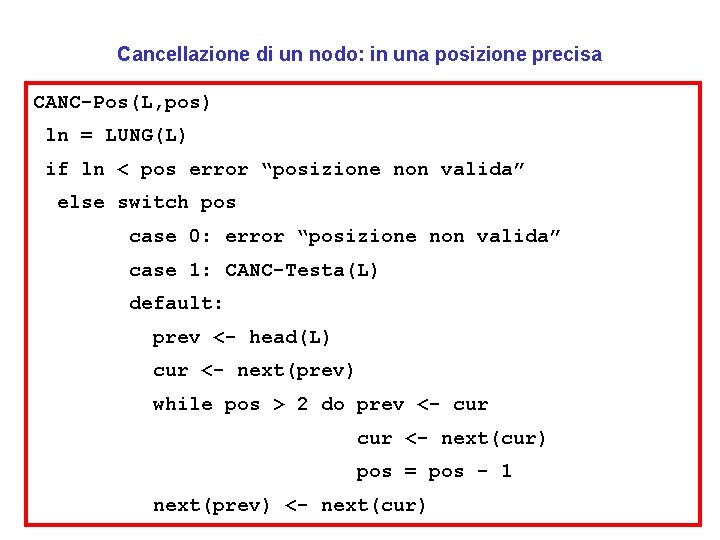 Cancellazione di un nodo: in una posizione precisa CANC-Pos(L, pos) ln = LUNG(L) if