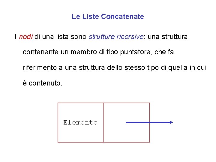 Le Liste Concatenate I nodi di una lista sono strutture ricorsive: una struttura contenente