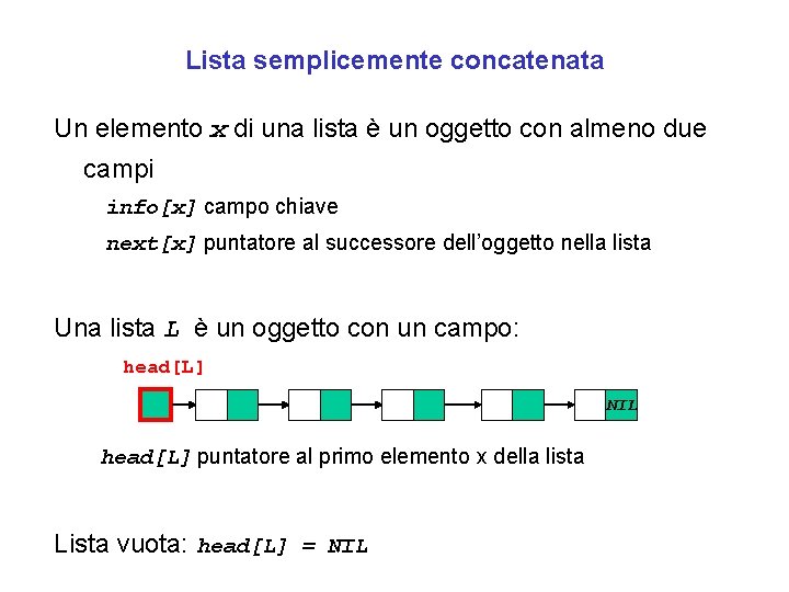 Lista semplicemente concatenata Un elemento x di una lista è un oggetto con almeno