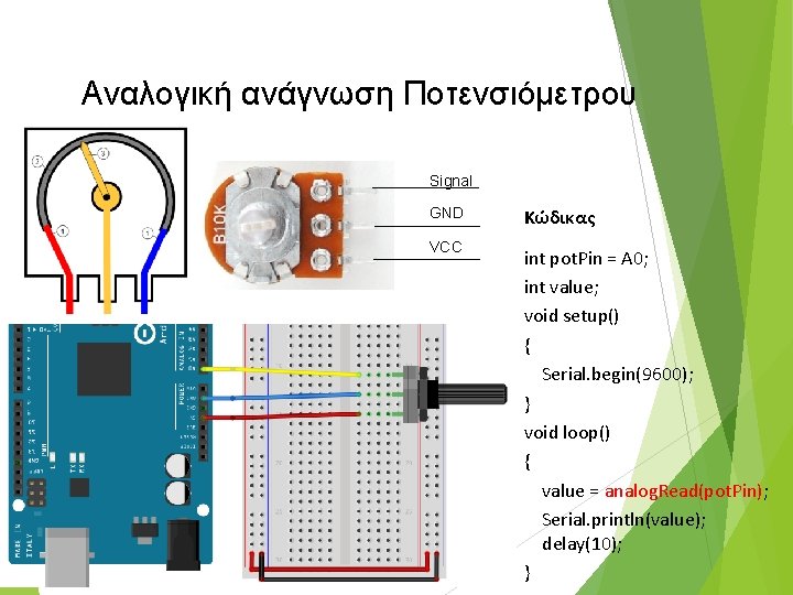 Aναλογική ανάγνωση Ποτενσιόμετρου Signal GND Κώδικας VCC int pot. Pin = A 0; int