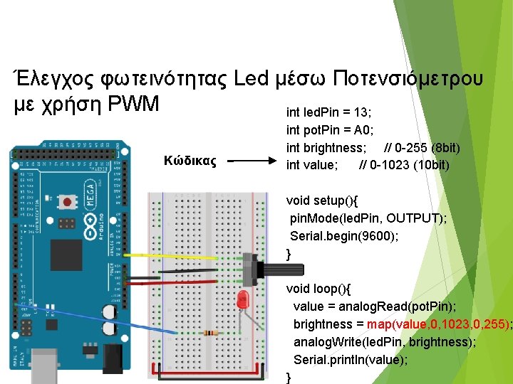 Έλεγχος φωτεινότητας Led μέσω Ποτενσιόμετρου με χρήση PWM int led. Pin = 13; Κώδικας