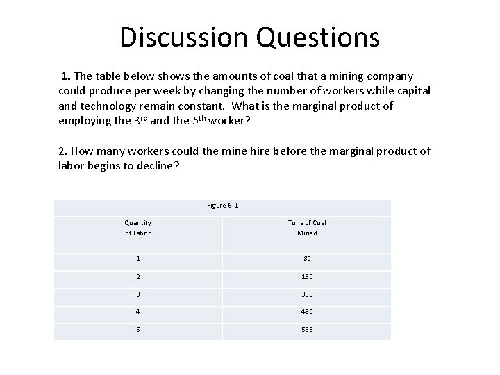 Discussion Questions 1. The table below shows the amounts of coal that a mining Discussion Questions 1. The table below shows the amounts of coal that a mining