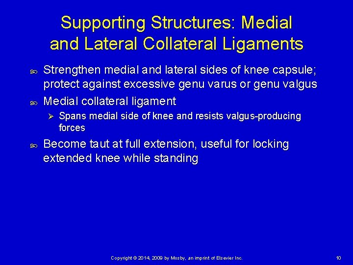 Supporting Structures: Medial and Lateral Collateral Ligaments Strengthen medial and lateral sides of knee