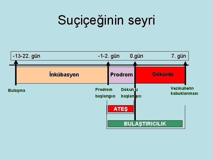 Suçiçeğinin seyri -13 -22. gün -1 -2. gün İnkübasyon Bulaşma 0. gün Prodrom Döküntü