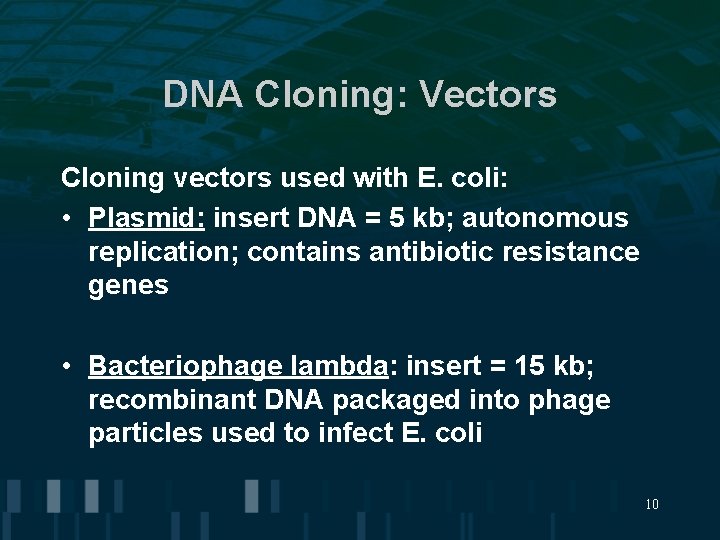 DNA Cloning: Vectors Cloning vectors used with E. coli: • Plasmid: insert DNA =