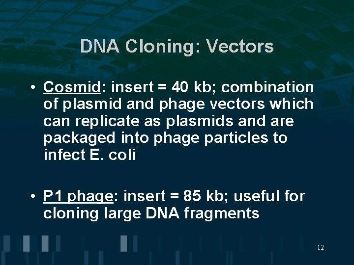 DNA Cloning: Vectors • Cosmid: insert = 40 kb; combination of plasmid and phage