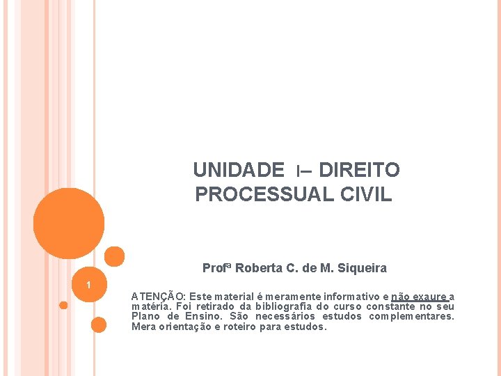 UNIDADE I– DIREITO PROCESSUAL CIVIL Profª Roberta C. de M. Siqueira 1 ATENÇÃO: Este