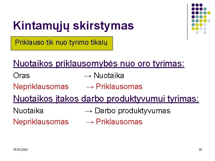 Kintamųjų skirstymas Priklauso tik nuo tyrimo tikslų Nuotaikos priklausomybės nuo oro tyrimas: Oras Nepriklausomas