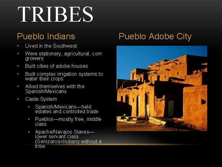 TRIBES Pueblo Indians • Lived in the Southwest • Were stationary, agricultural, corn growers