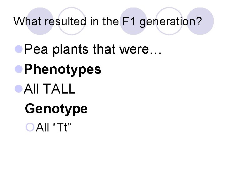 What resulted in the F 1 generation? l. Pea plants that were… l. Phenotypes
