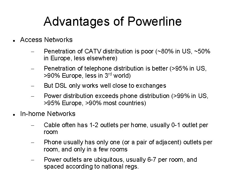 Advantages of Powerline Access Networks – Penetration of CATV distribution is poor (~80% in