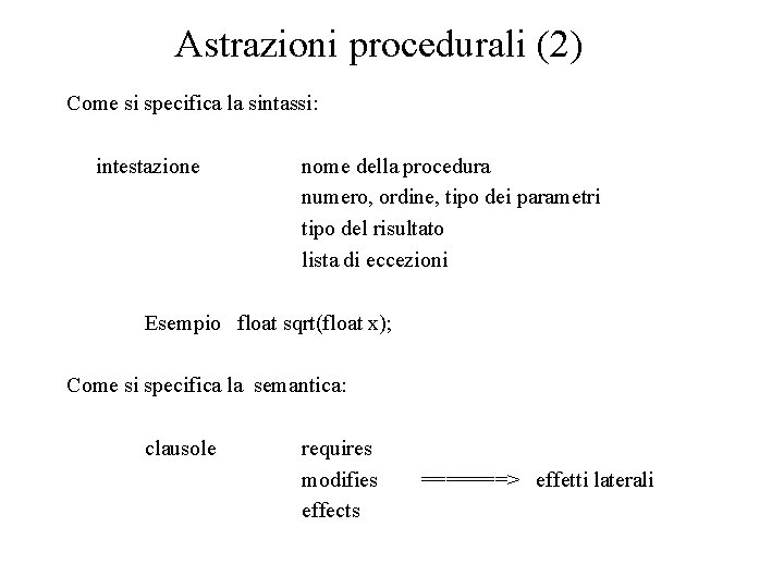 Astrazioni procedurali (2) Come si specifica la sintassi: intestazione nome della procedura numero, ordine,