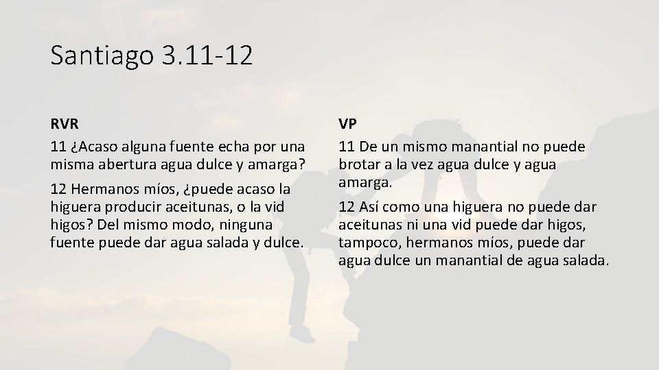 Santiago 3. 11 -12 RVR 11 ¿Acaso alguna fuente echa por una misma abertura