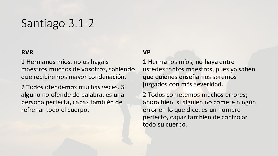 Santiago 3. 1 -2 RVR 1 Hermanos míos, no os hagáis maestros muchos de