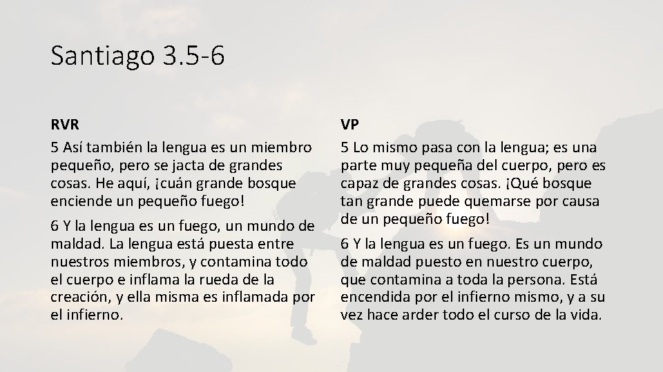 Santiago 3. 5 -6 RVR 5 Así también la lengua es un miembro pequeño,