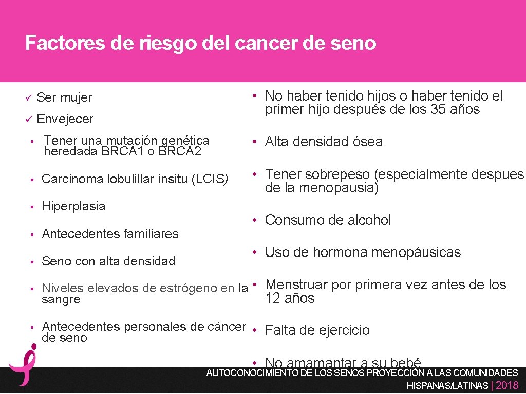 Factores de riesgo del cancer de seno ü Ser mujer ü Envejecer • No