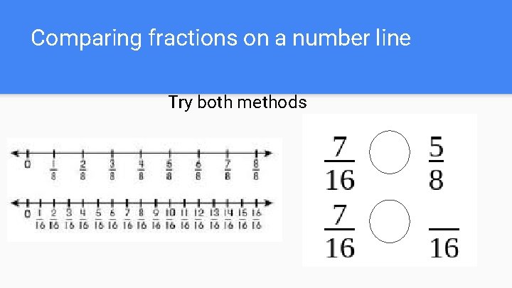Comparing fractions on a number line Try both methods Comparing fractions on a number line Try both methods
