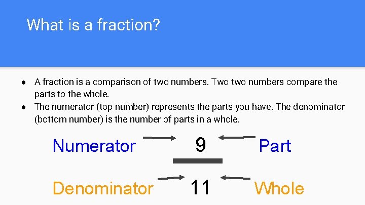 What is a fraction? ● A fraction is a comparison of two numbers. Two