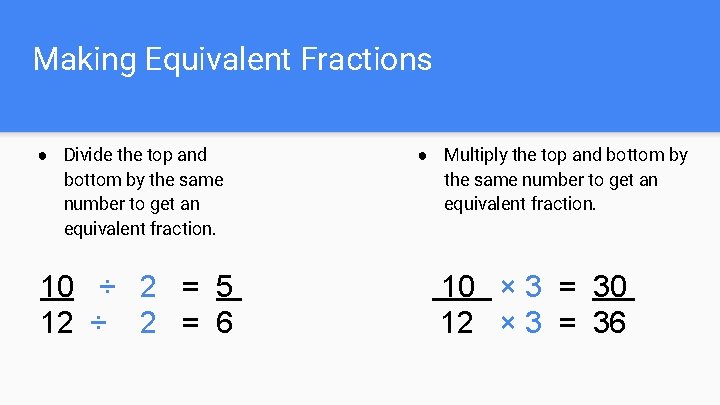 Making Equivalent Fractions ● Divide the top and bottom by the same number to