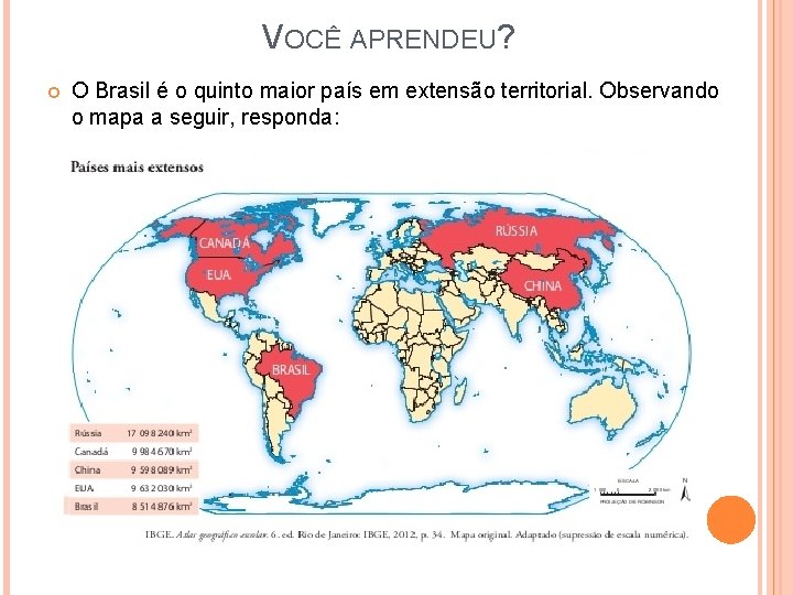 VOCÊ APRENDEU? O Brasil é o quinto maior país em extensão territorial. Observando o VOCÊ APRENDEU? O Brasil é o quinto maior país em extensão territorial. Observando o
