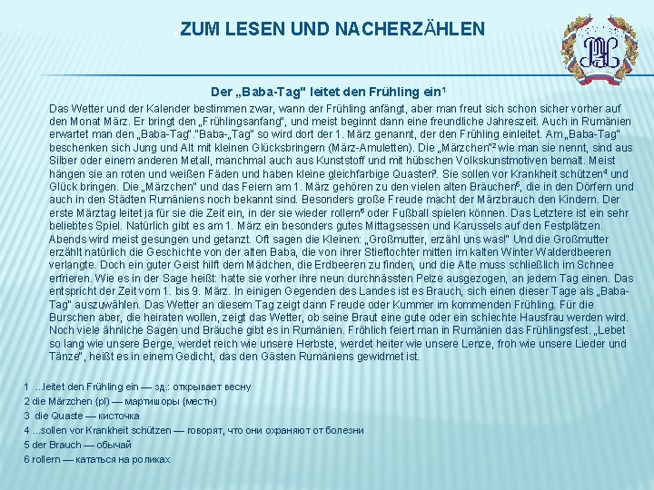 . ZUM LESEN UND NACHERZÄHLEN Der „Baba-Tag" leitet den Frühling ein 1 Das Wetter