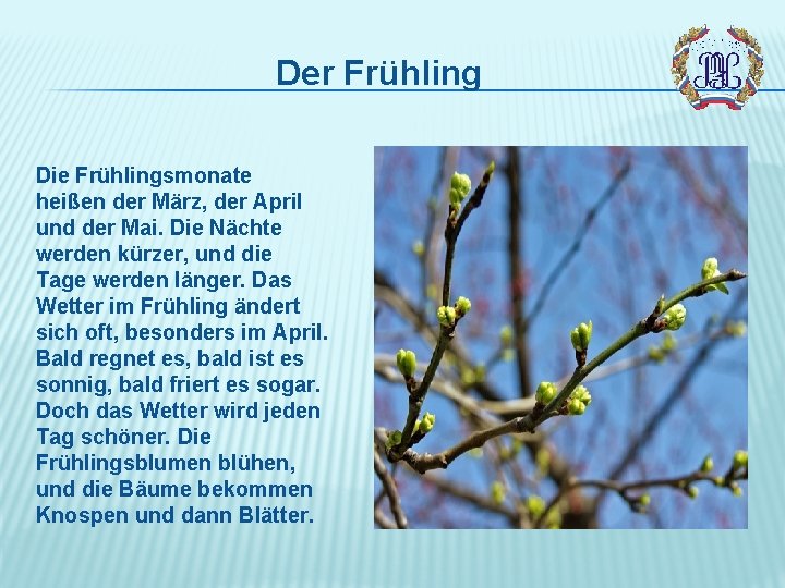 Der Frühling Die Frühlingsmonate heißen der März, der April und der Mai. Die Nächte