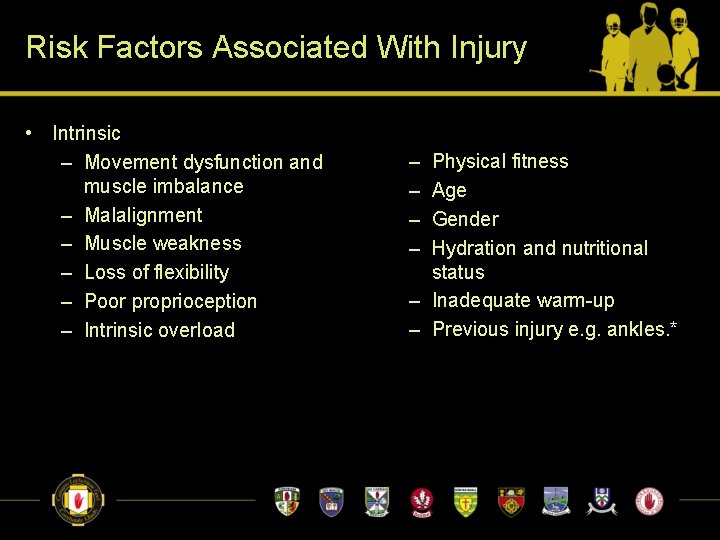 Risk Factors Associated With Injury • Intrinsic – Movement dysfunction and muscle imbalance –