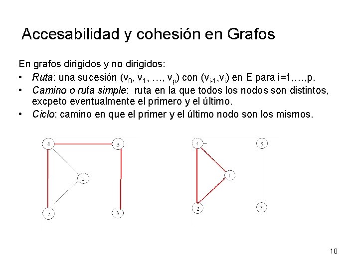 Accesabilidad y cohesión en Grafos En grafos dirigidos y no dirigidos: • Ruta: una