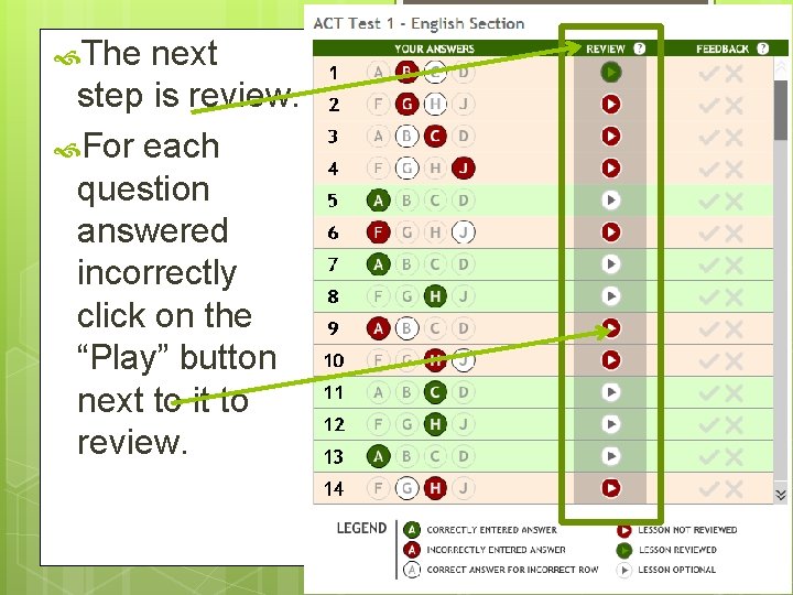  The next step is review. For each question answered incorrectly click on the