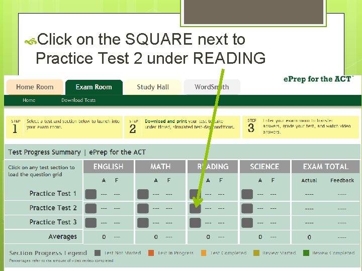  Click on the SQUARE next to Practice Test 2 under READING 