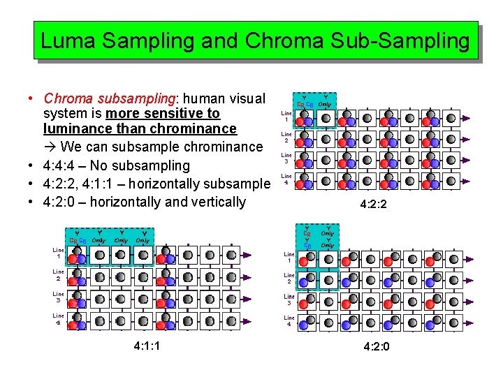 Luma Sampling and Chroma Sub-Sampling • Chroma subsampling: human visual system is more sensitive