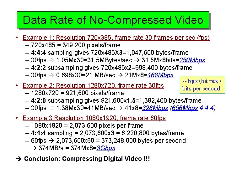 Data Rate of No-Compressed Video • Example 1: Resolution 720 x 385, frame rate