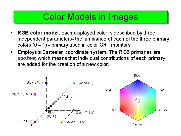 Color Models in Images • RGB color model: each displayed color is described by