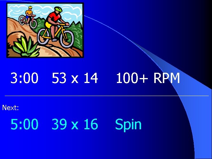 3: 00 53 x 14 100+ RPM Next: 5: 00 39 x 16 Spin