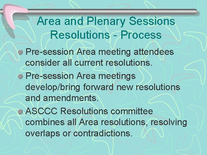 Area and Plenary Sessions Resolutions - Process Pre-session Area meeting attendees consider all current