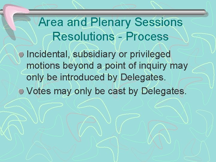 Area and Plenary Sessions Resolutions - Process Incidental, subsidiary or privileged motions beyond a