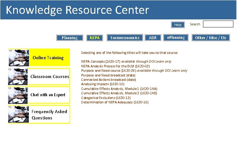 Knowledge Resource Center Help Planning NEPA Socioeconomics ADR