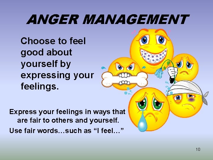 ANGER MANAGEMENT Choose to feel good about yourself by expressing your feelings. Express your