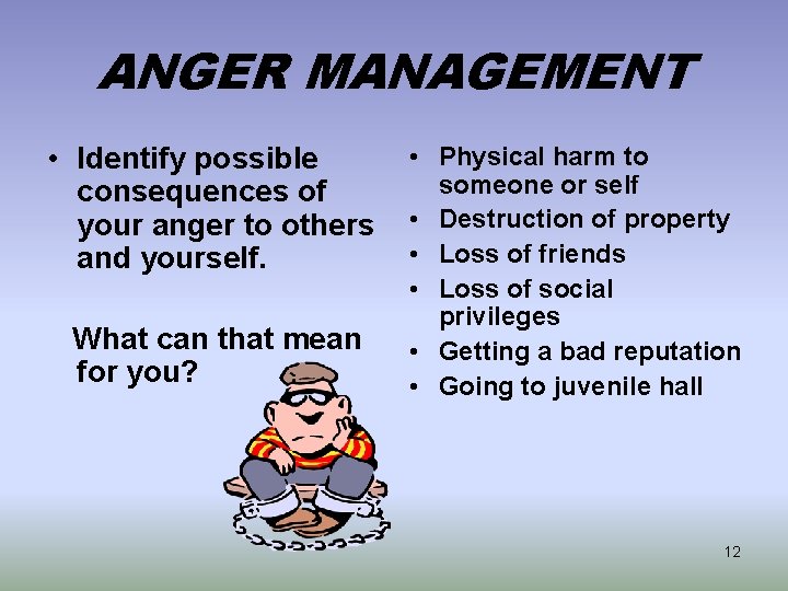 ANGER MANAGEMENT • Identify possible consequences of your anger to others and yourself. What