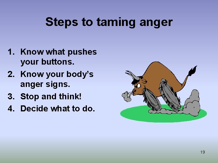 Steps to taming anger 1. Know what pushes your buttons. 2. Know your body’s