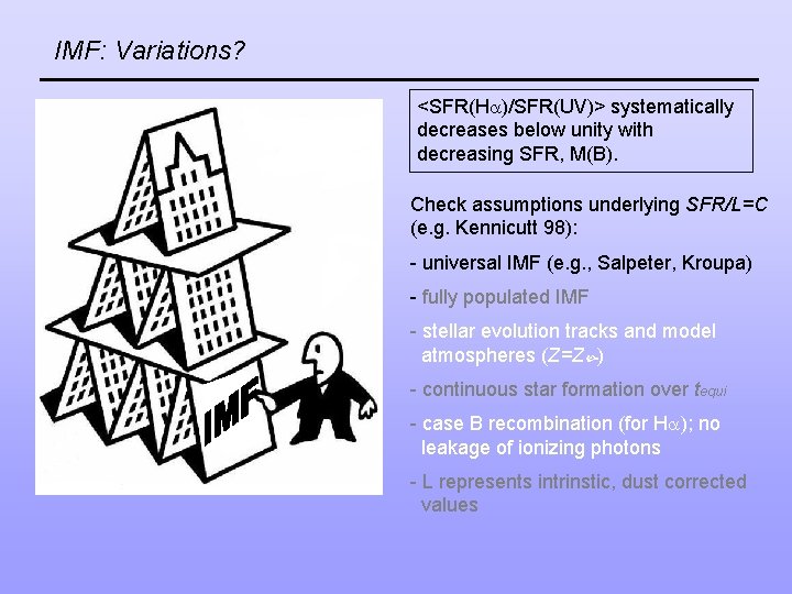 IMF: Variations? <SFR(H )/SFR(UV)> systematically decreases below unity with decreasing SFR, M(B). Check assumptions