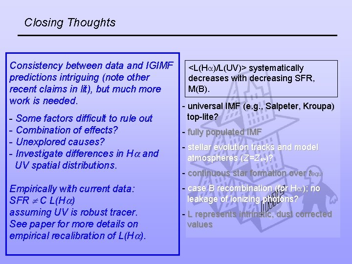 Closing Thoughts Consistency between data and IGIMF <L(H )/L(UV)> systematically predictions intriguing (note other