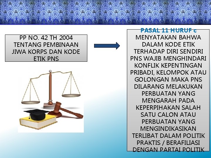 PP NO. 42 TH 2004 TENTANG PEMBINAAN JIWA KORPS DAN KODE ETIK PNS PASAL