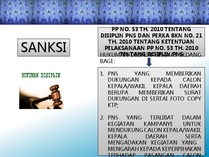 SANKSI PP NO. 53 TH. 2010 TENTANG DISIPLIN PNS DAN PERKA BKN NO. 21